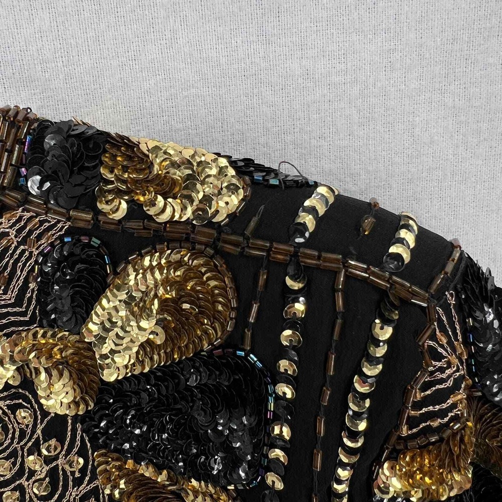 VINTAGE 80s Sequin Top Women Small Black Gold Beaded Silk Party Blouse Disco - Picture 15 of 16
